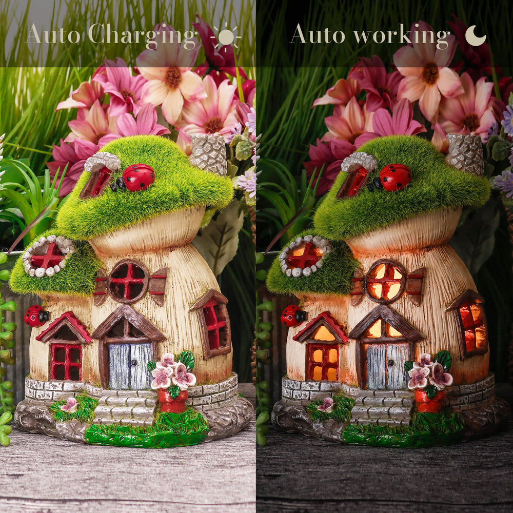Mushroom statue showcased beside flowers in a flower bed