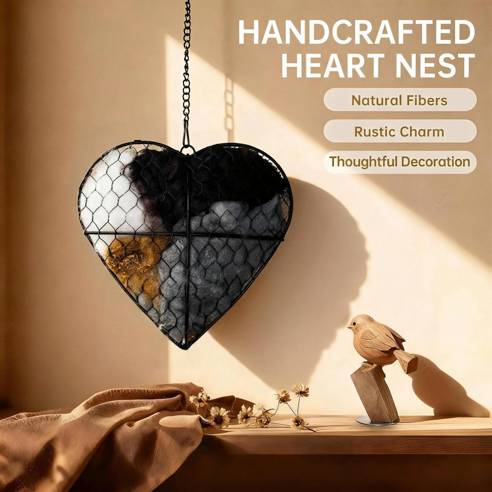 Mustio Bird Nesting Heart displayed on a patio with birds nearby