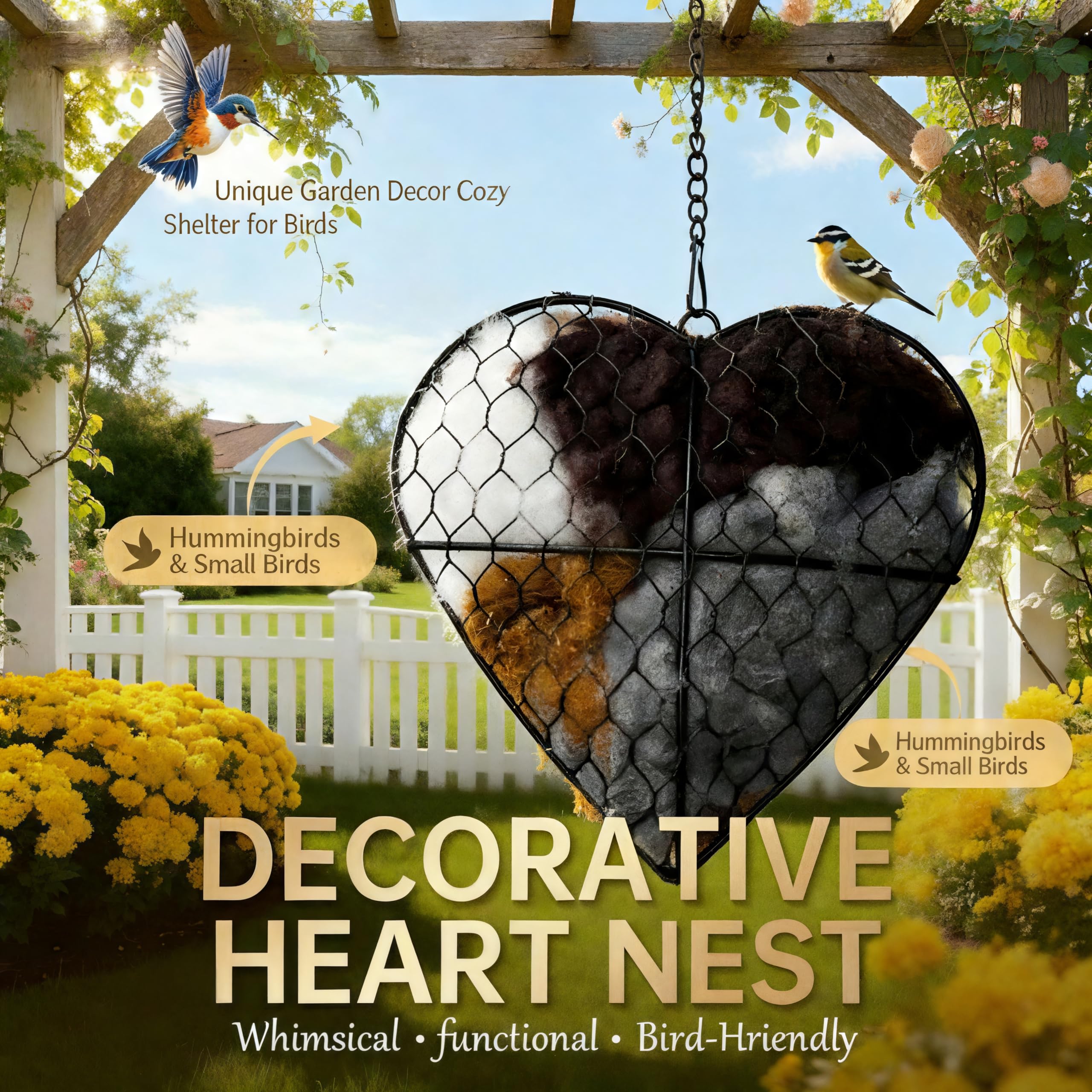 Mustio Bird Nesting Heart hanging from a tree branch in a garden