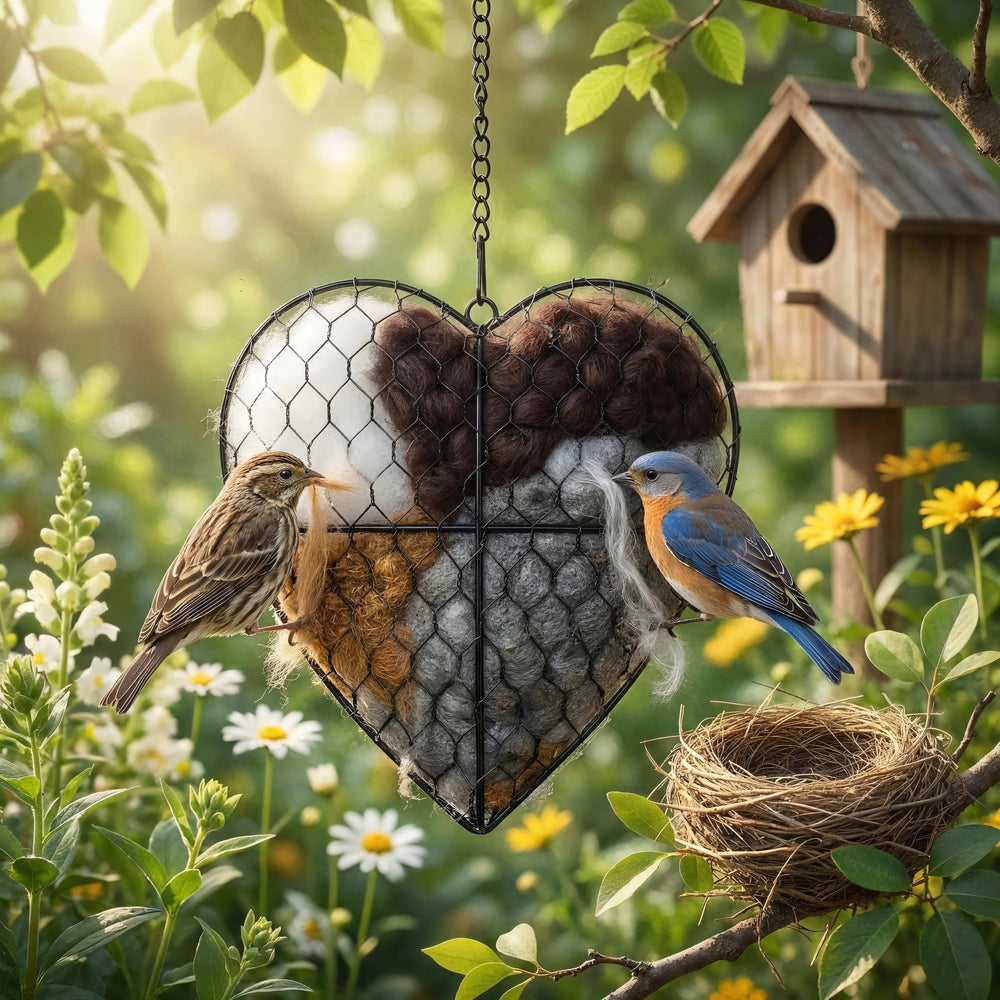Mustio Handmade Fiber Bird Nesting Heart front view with colorful alpaca fibers