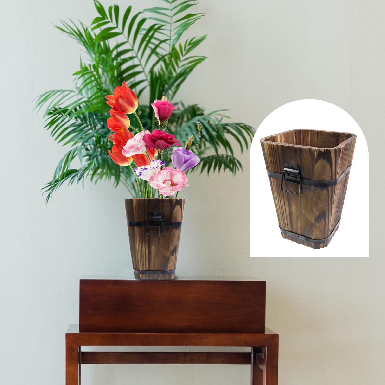 MY MIRONEY Vintage Wooden Barrel Planter with flowers