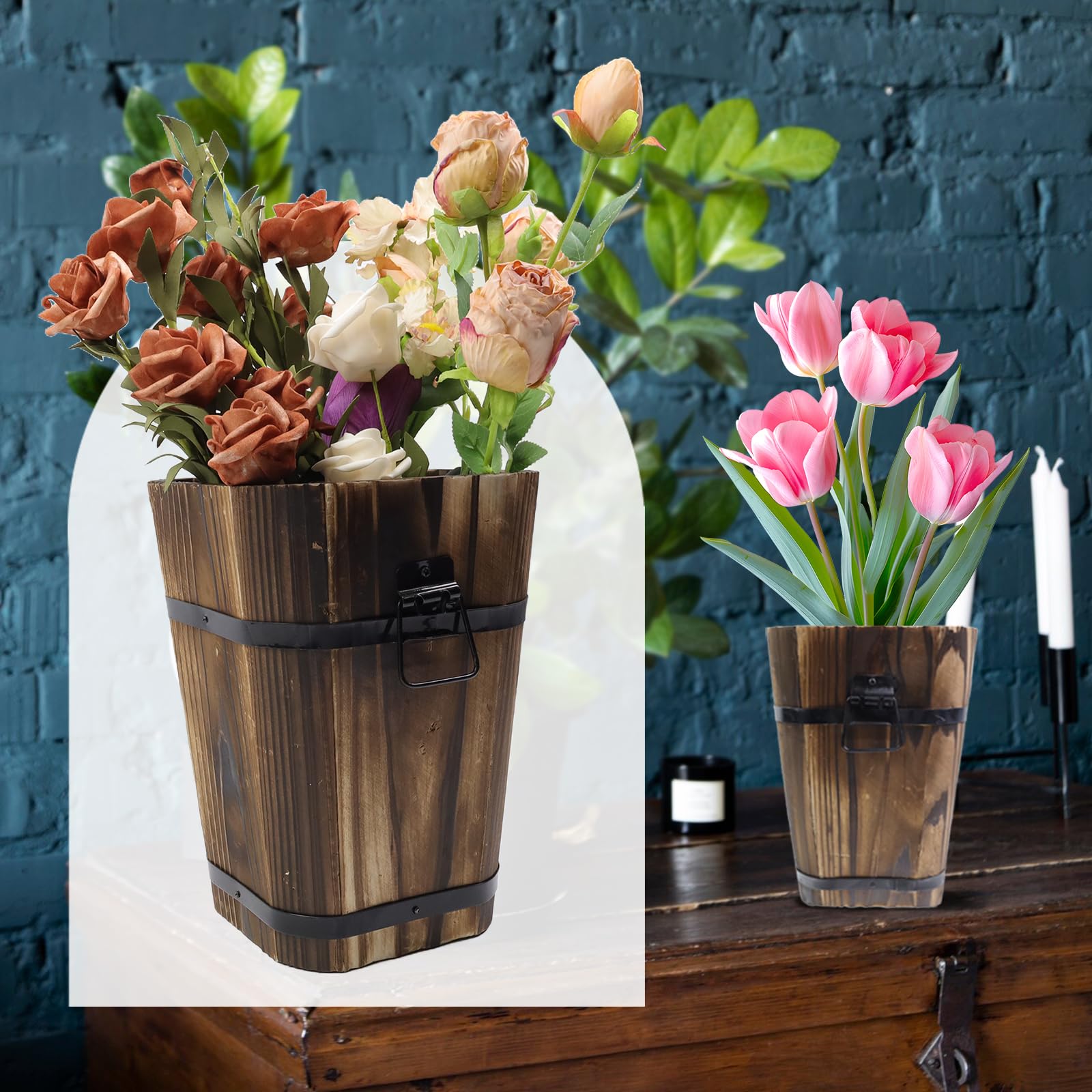 MY MIRONEY Vintage Wooden Barrel Planter with handles