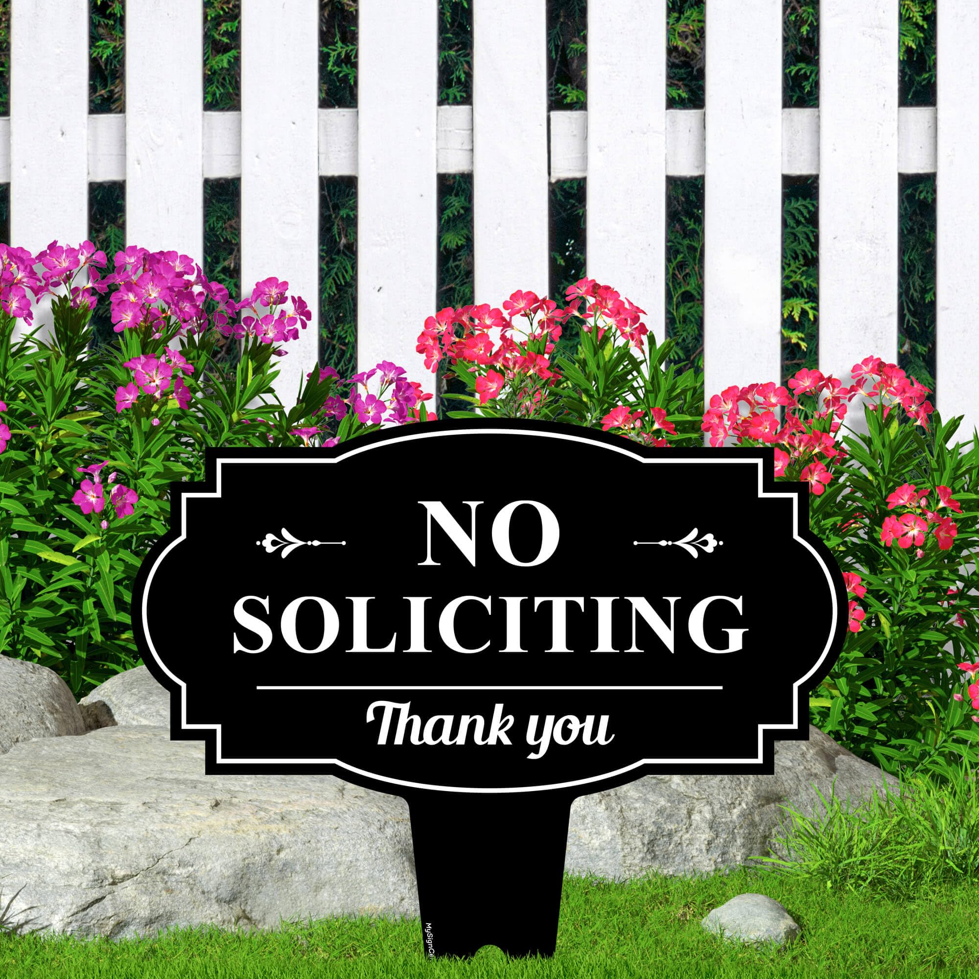 My Sign Center No Soliciting Sign installation example on a yard