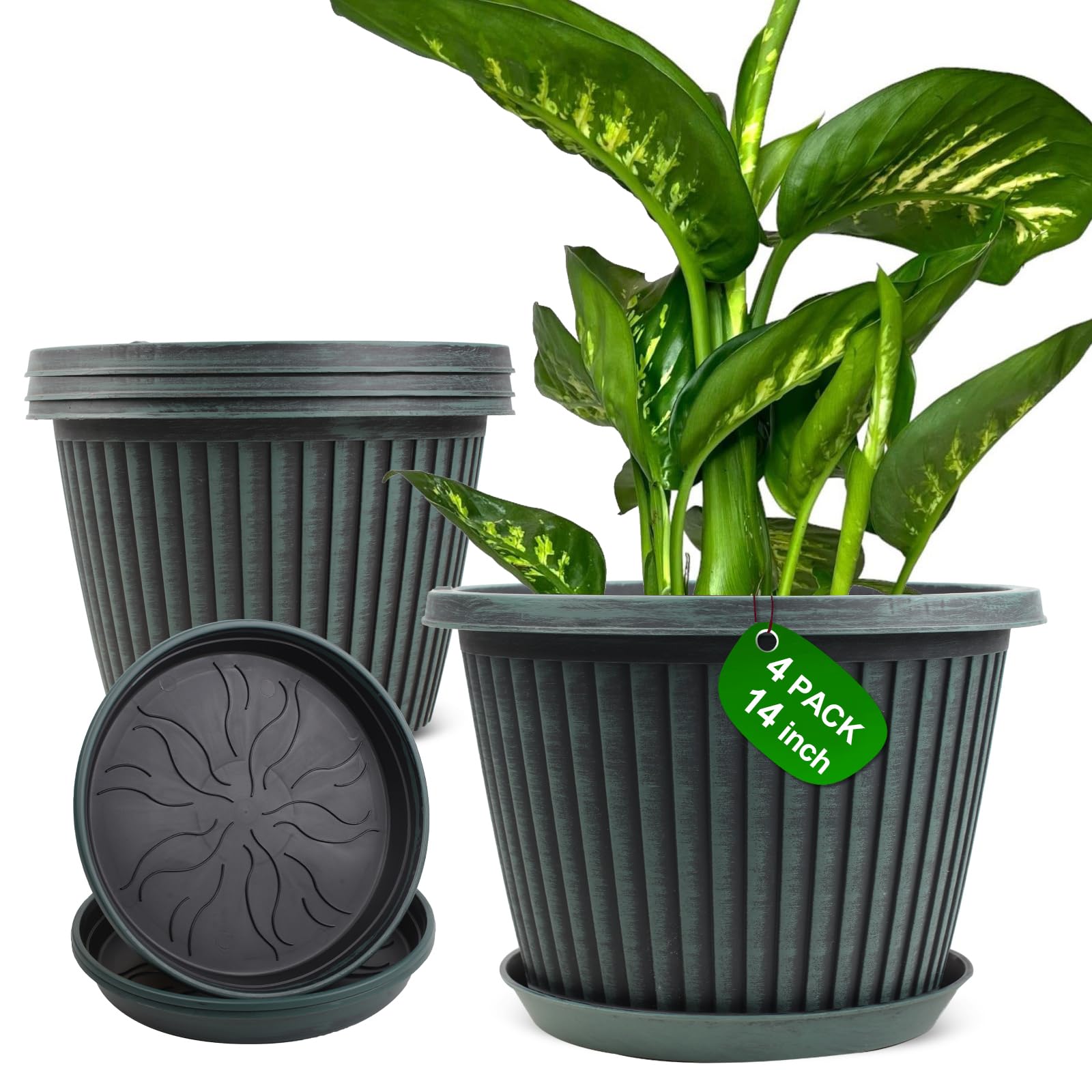 Myfeegoin 14 inch large planter in blue-green with saucer
