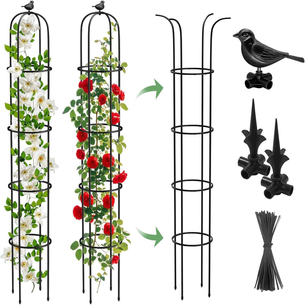 MYMULIKE 2PCS Garden Obelisk Trellis black metal front view