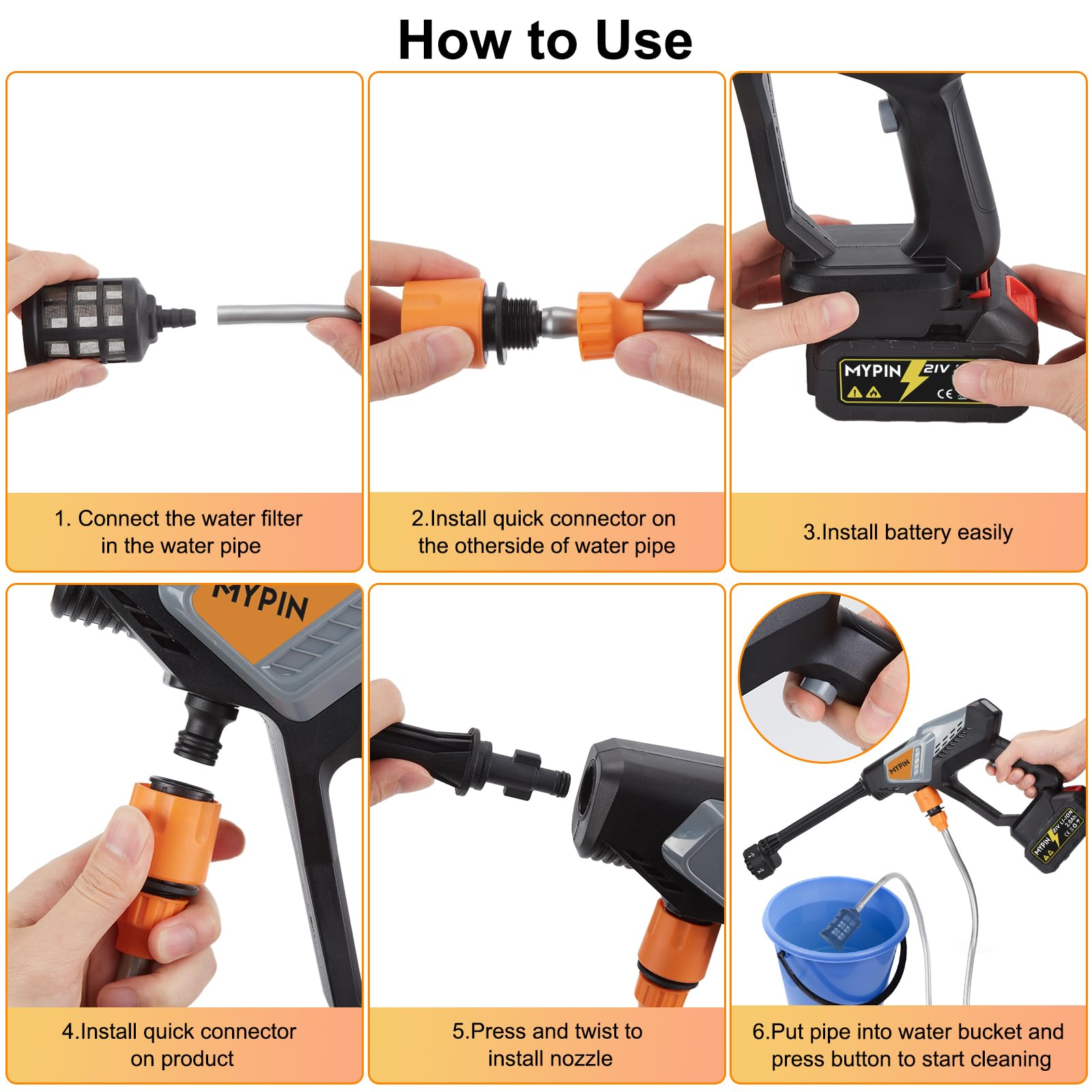 MYPIN Portable Cordless Pressure Washer with PVC hose attached