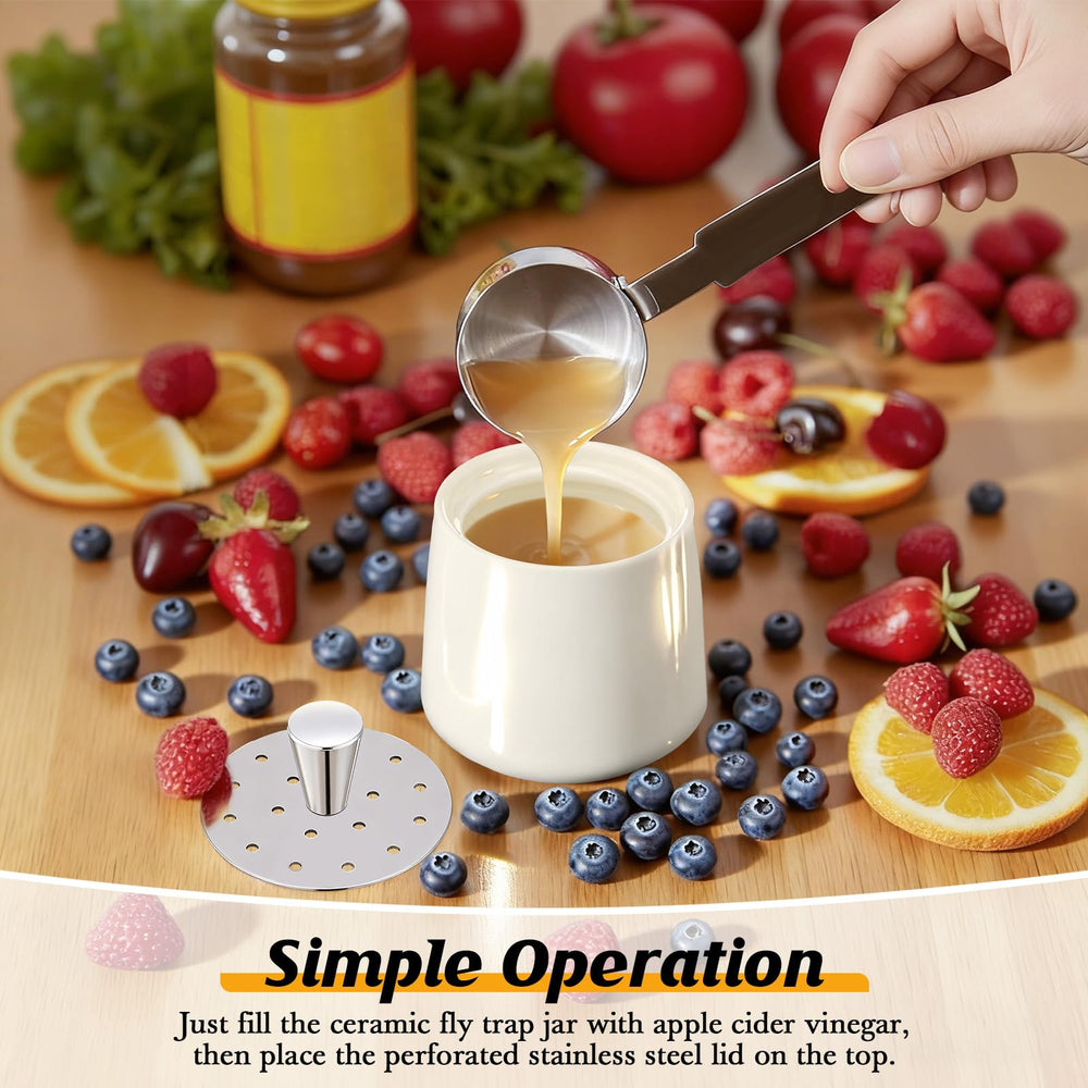 Mysora Ceramic Fruit Fly Trap filled with apple cider vinegar