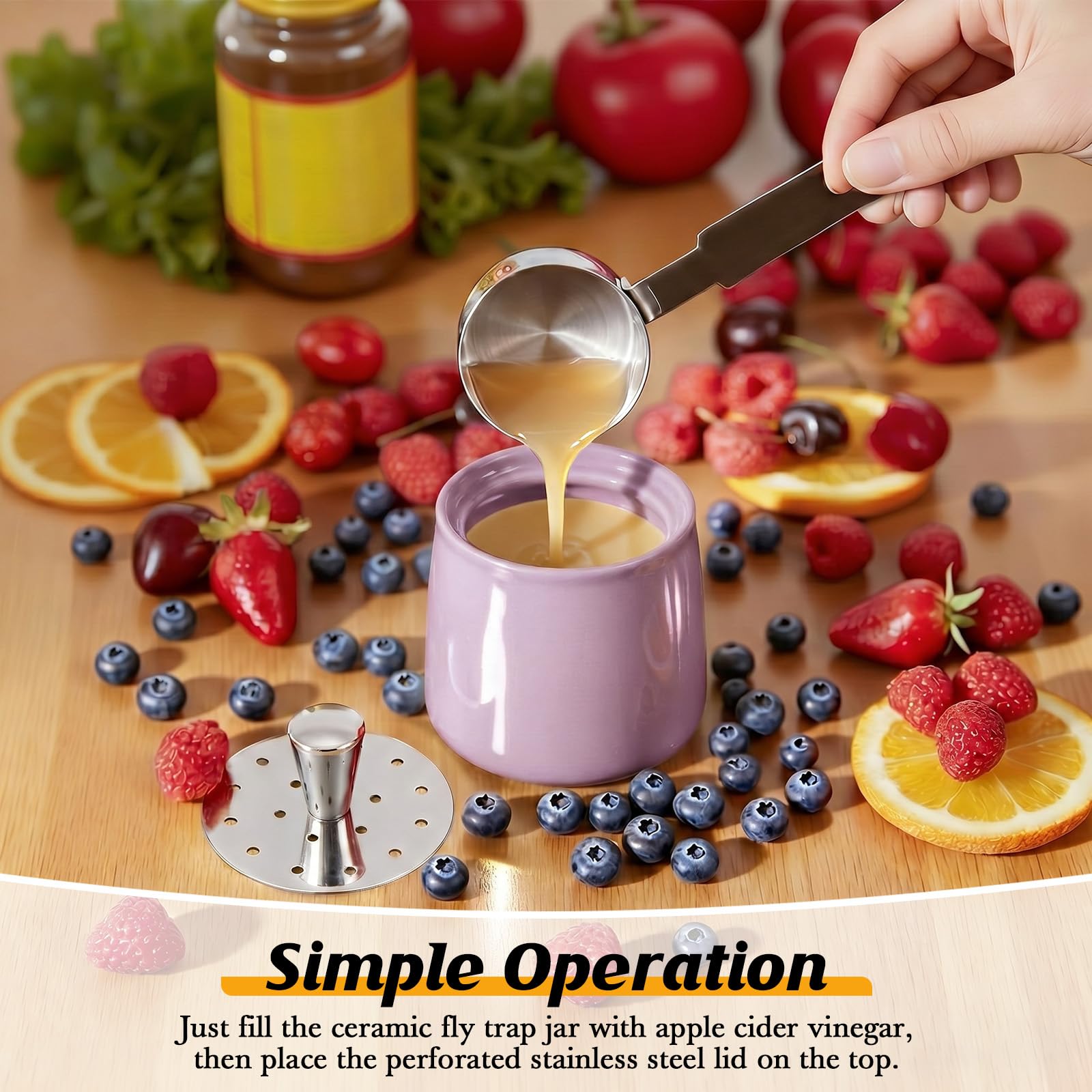 Mysora Ceramic Fruit Fly Trap placed near fruit bowl