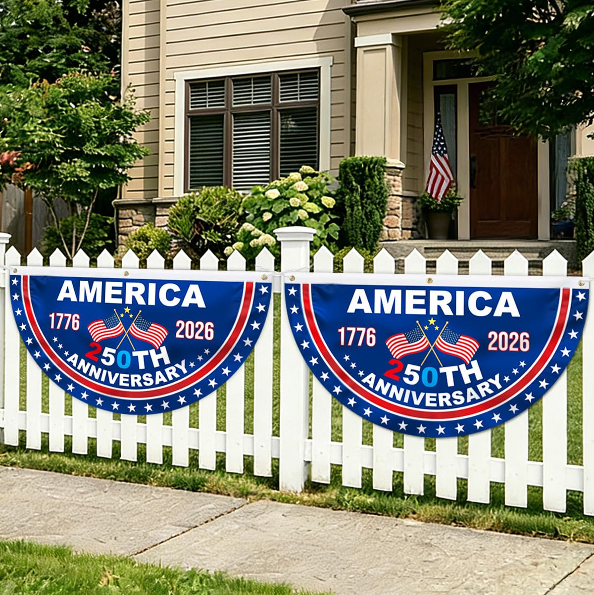 Mythcloud USA 250th Anniversary Flag Bunting front view with 1776-2026 lettering