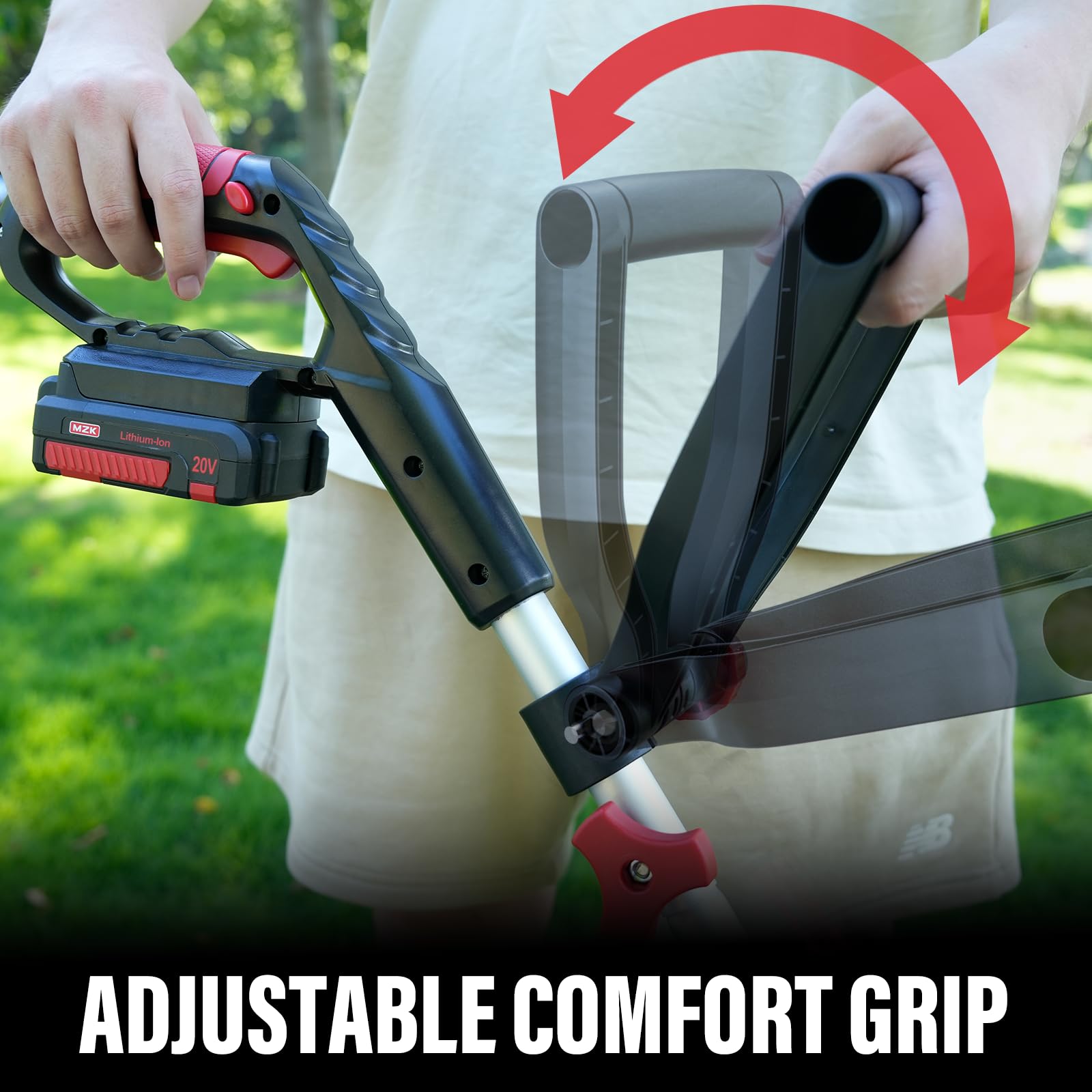 MZK 20V cordless weed wacker in a garden setting
