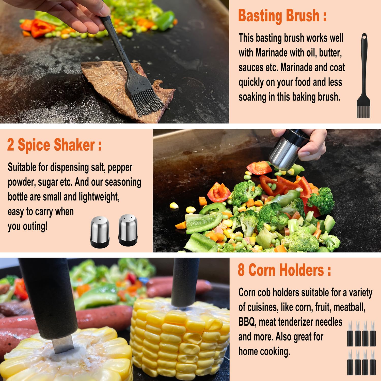 N NOBLE FAMILY stainless steel grilling tools close-up