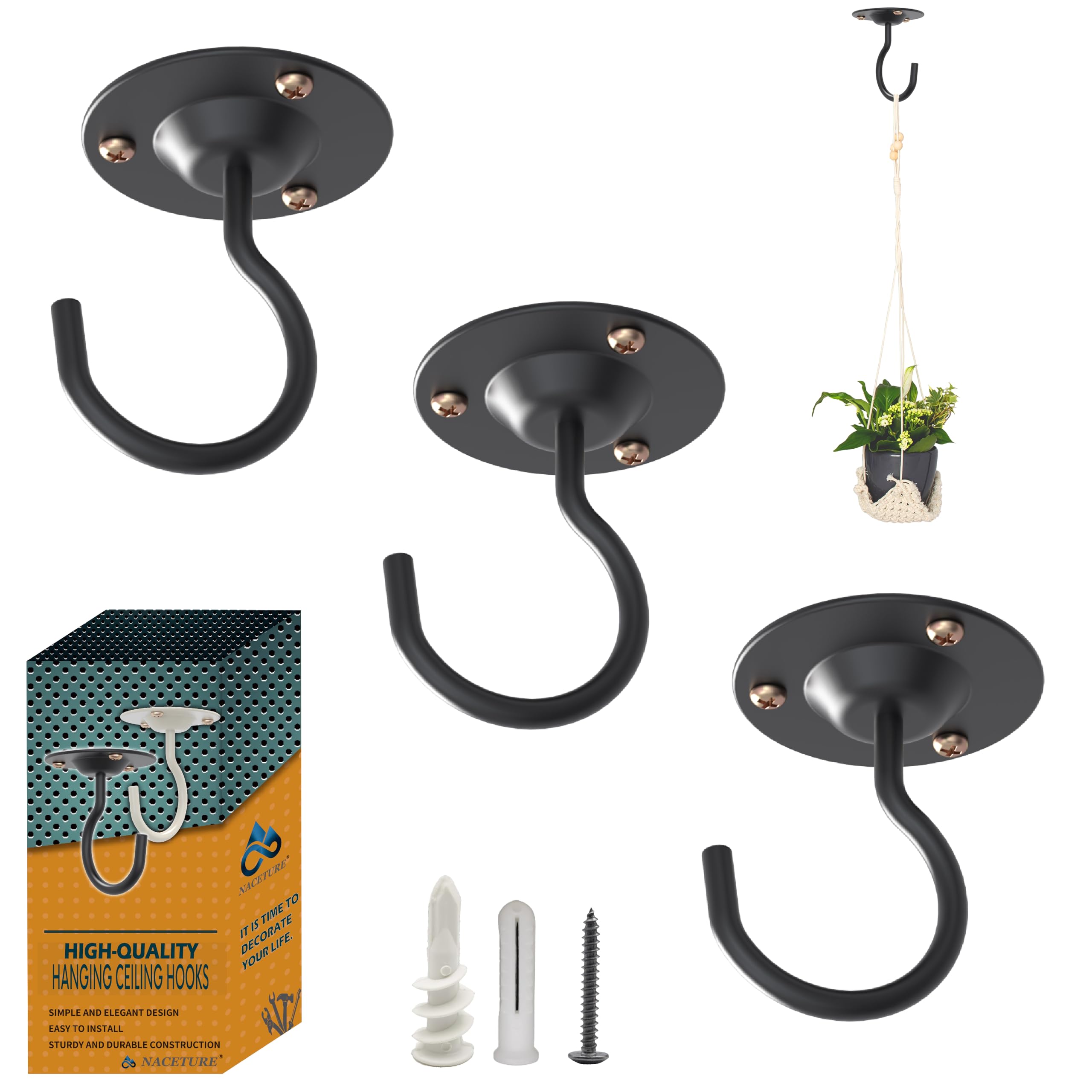 NACETURE ceiling hooks front view in round black