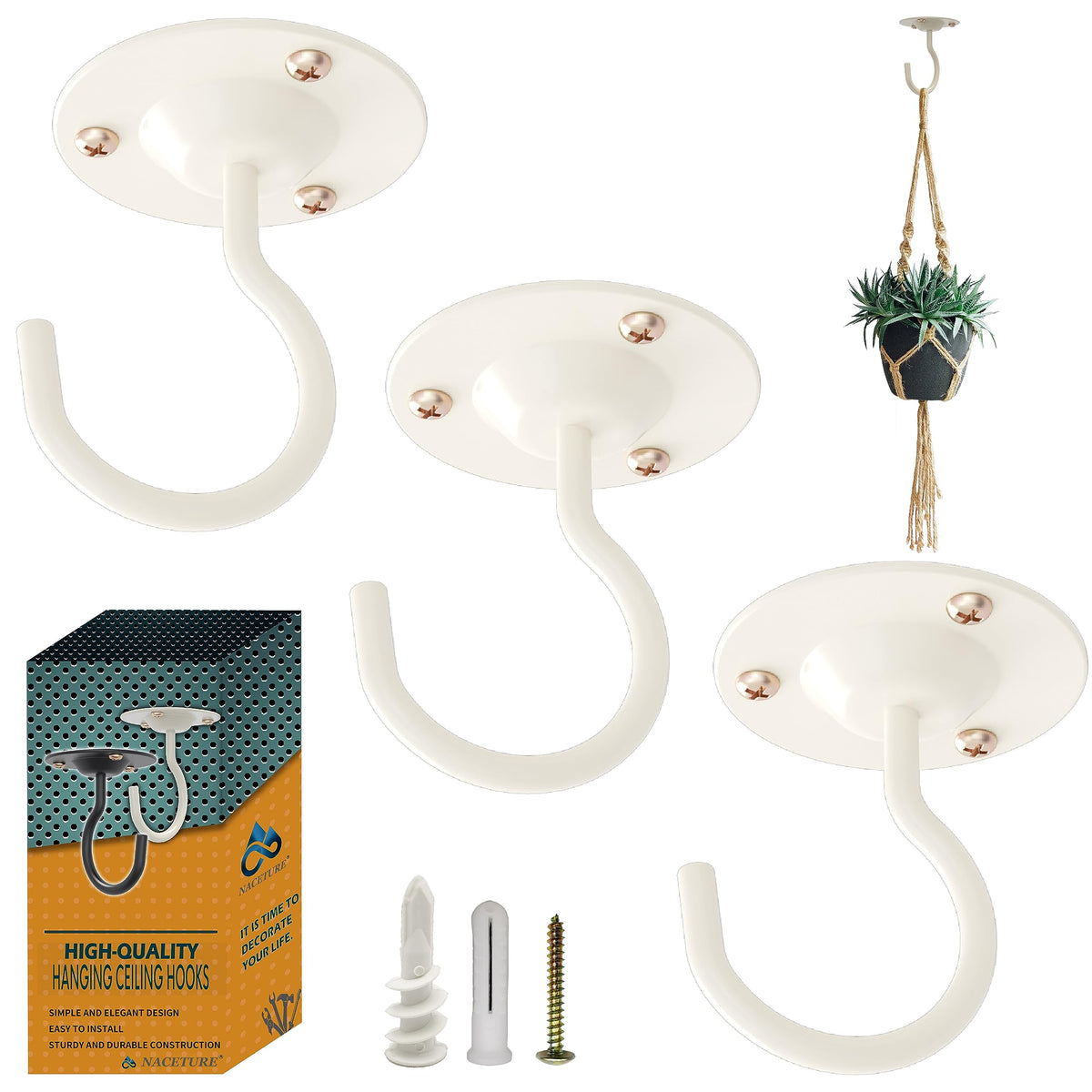 NACETURE Heavy Duty Plant Ceiling Hooks, White, front view