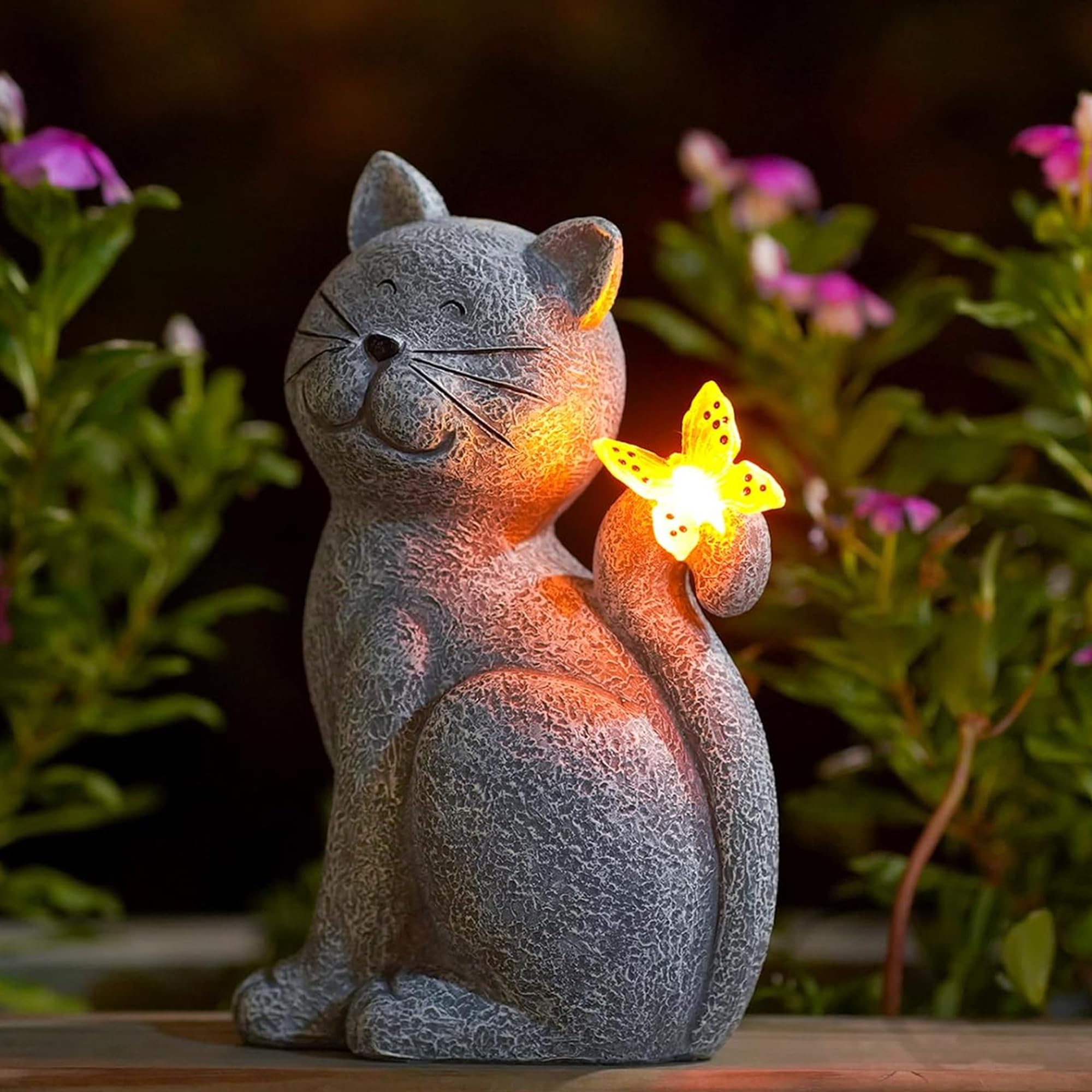 Nacome Cat Outdoor Statue with Solar Butterfly front view