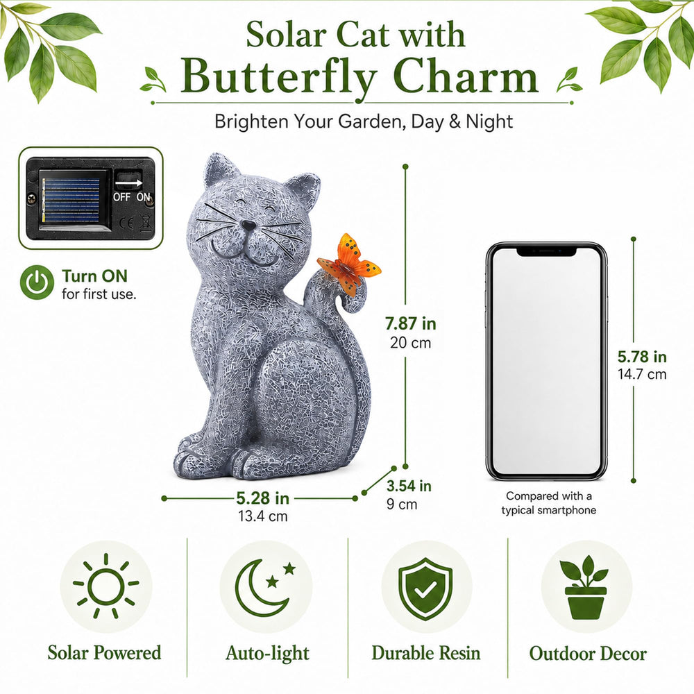 Nacome Cat Statue with solar butterfly in garden setting