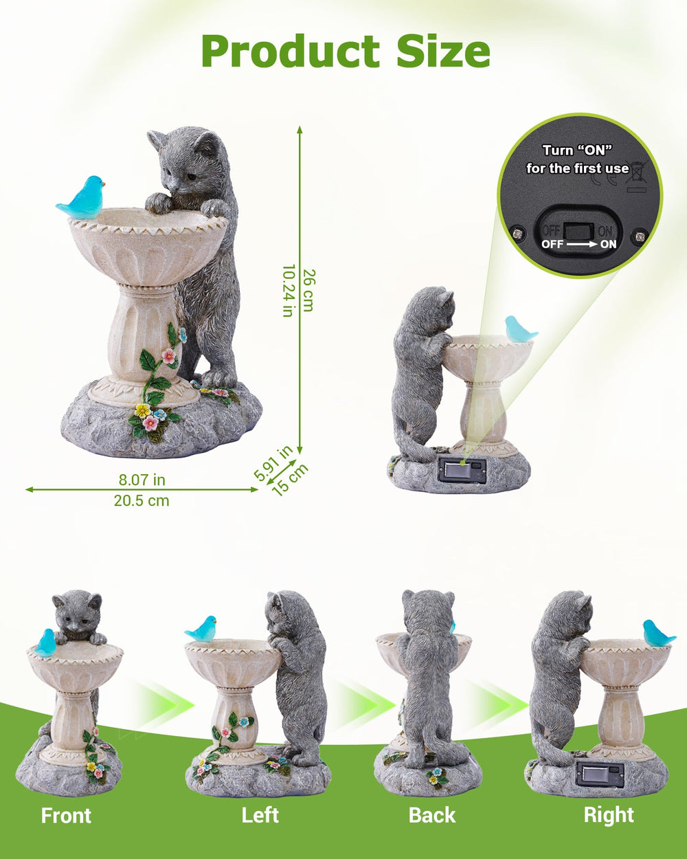 Nacome Solar Cat Statue side view, highlighting details