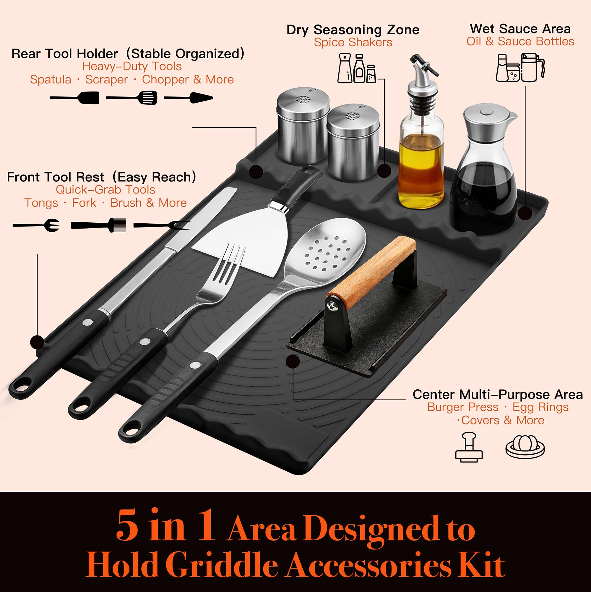 NancyL Silicone Grill Mat with spatulas and tongs organized