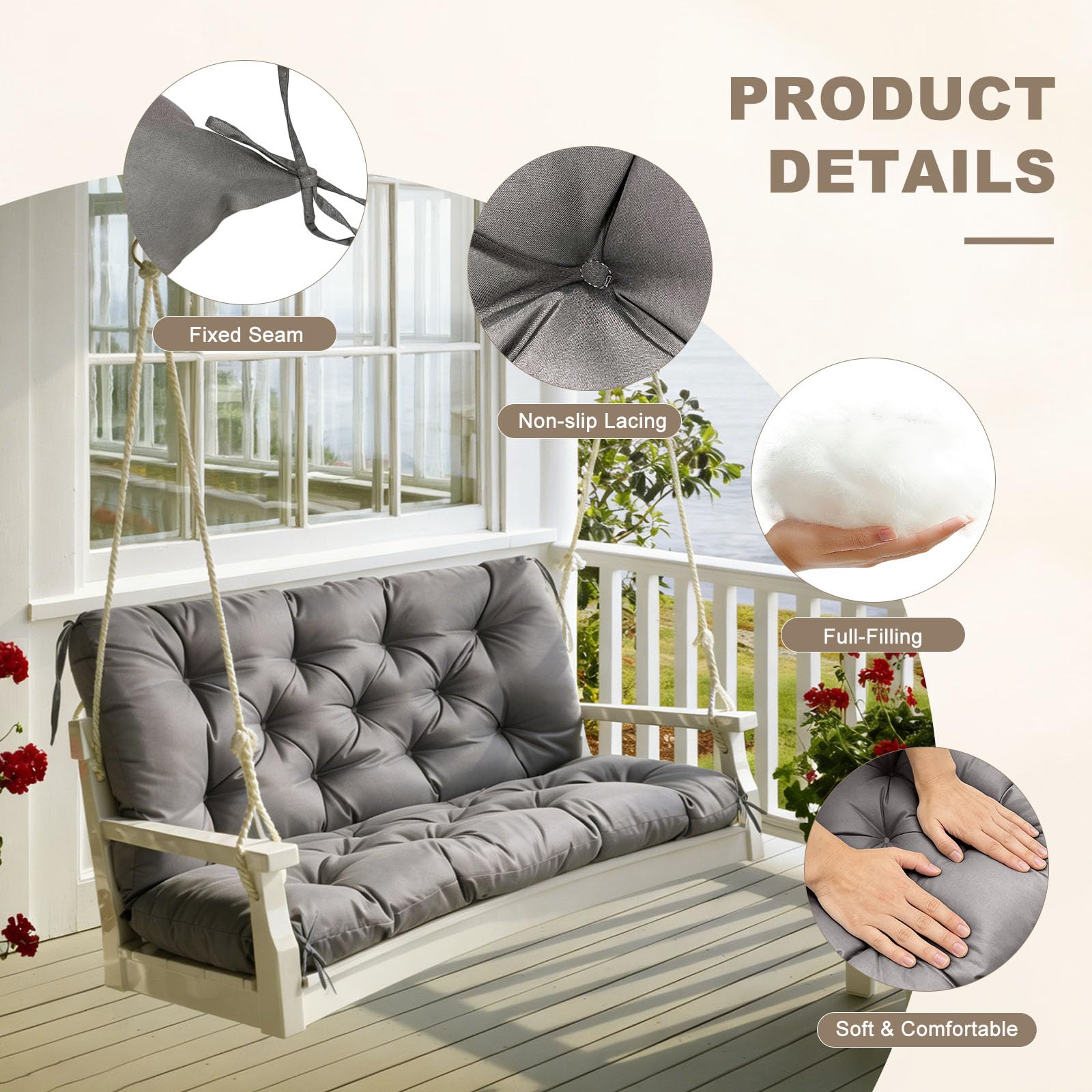 NANGELRN Porch Swing Cushion Dark Gray with ties