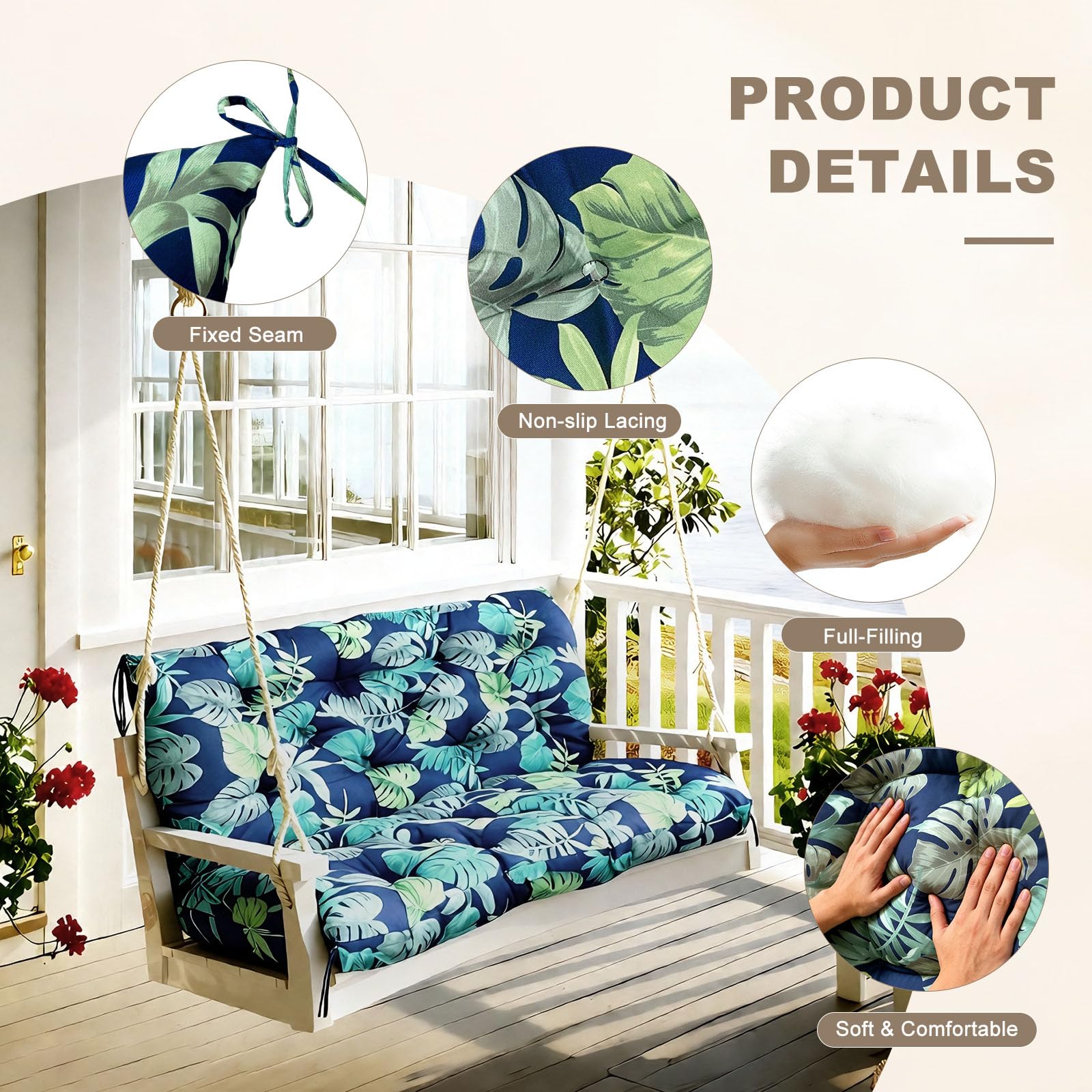 NANGELRN Waterproof Porch Swing Cushion in Floral Navy
