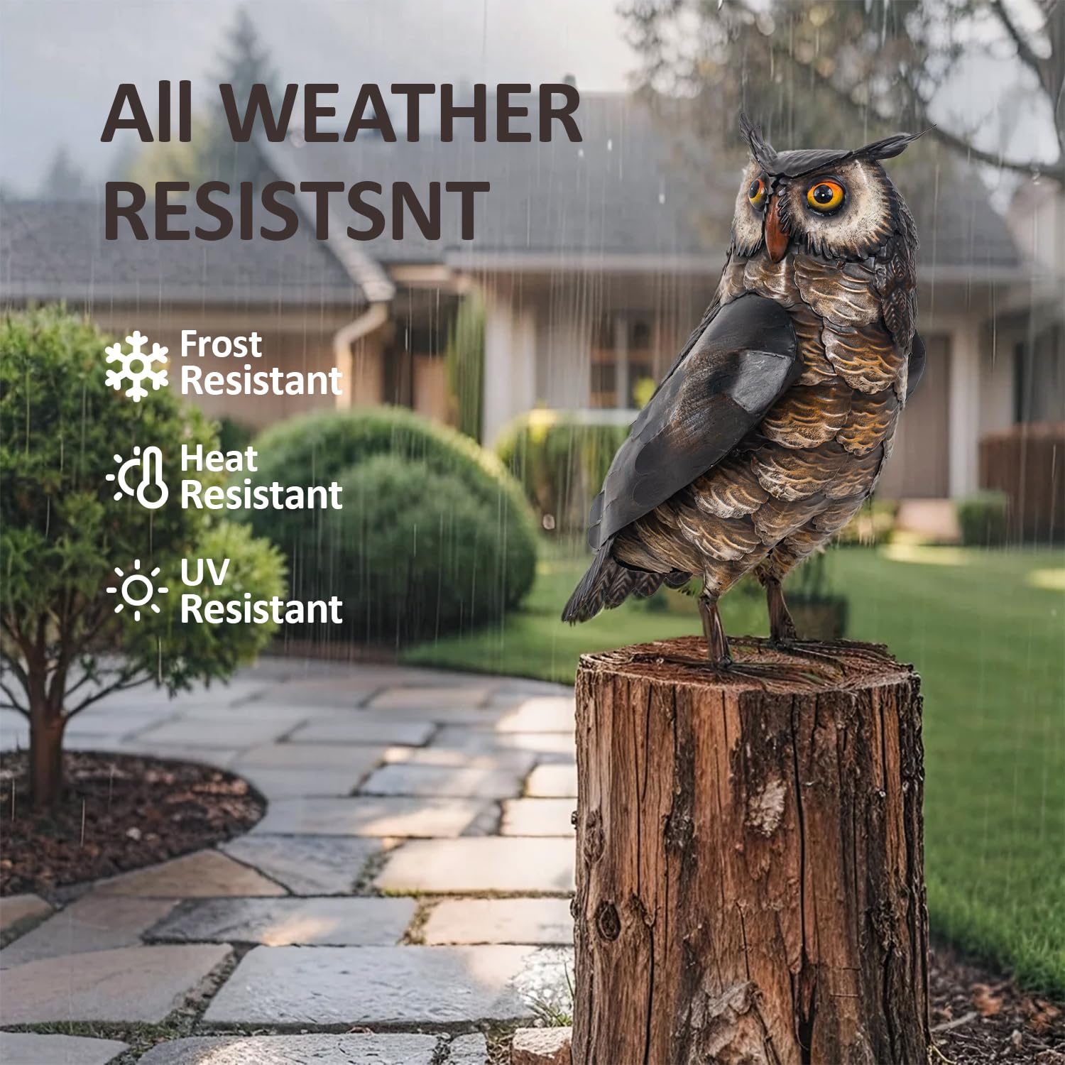Natelf Brown Owl Statue displayed in a garden setting