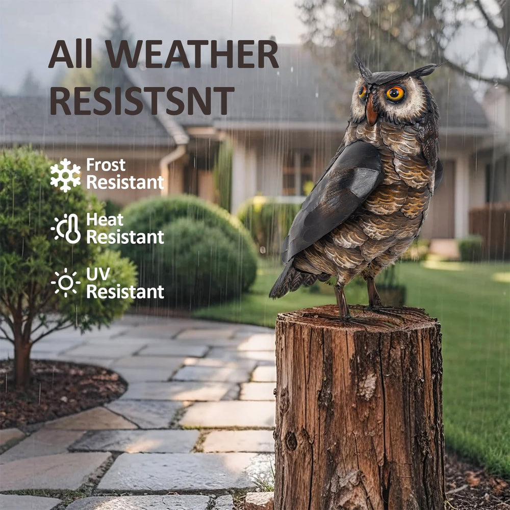 Natelf Brown Owl Statue displayed in a garden setting
