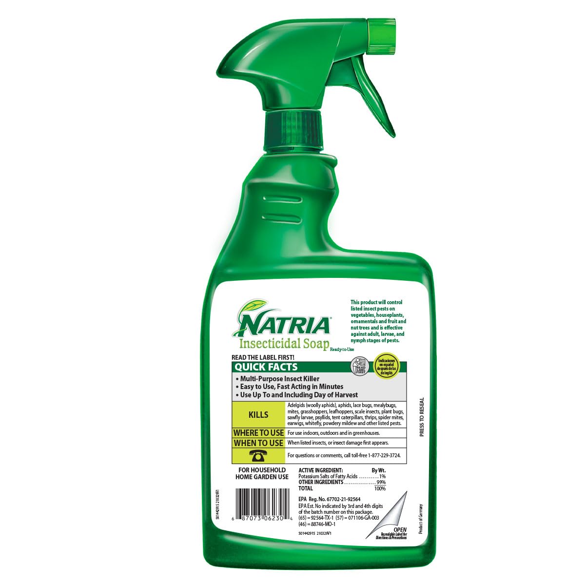 Natria Insecticidal Soap spray bottle on a table