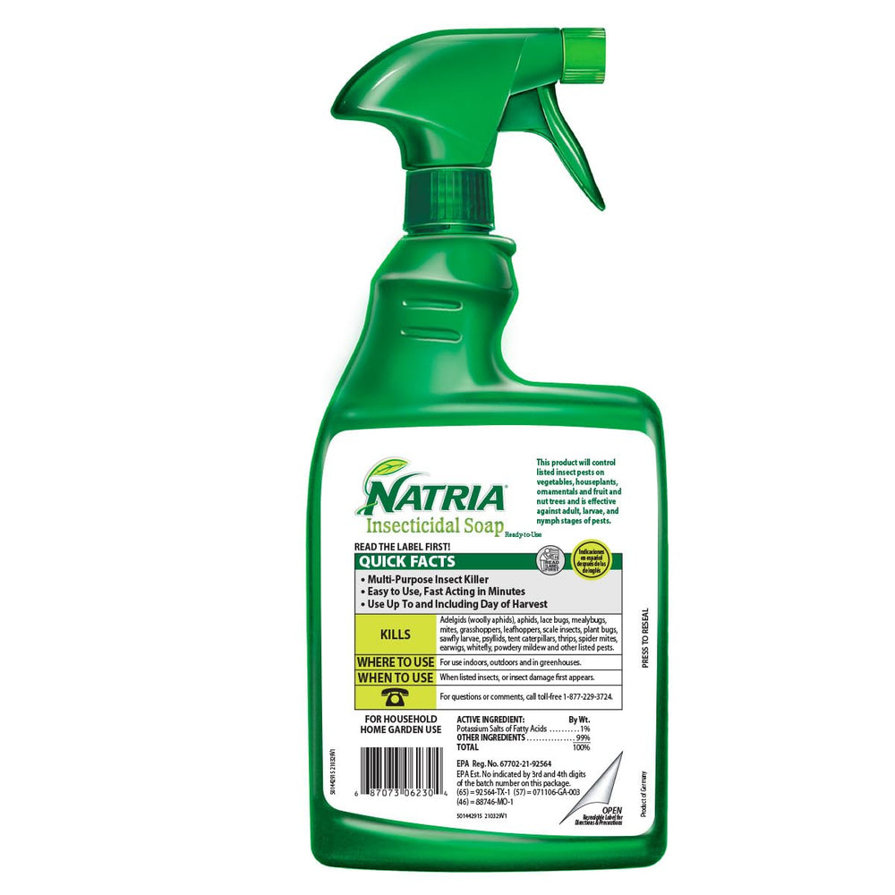 Natria Insecticidal Soap spray bottle on a table