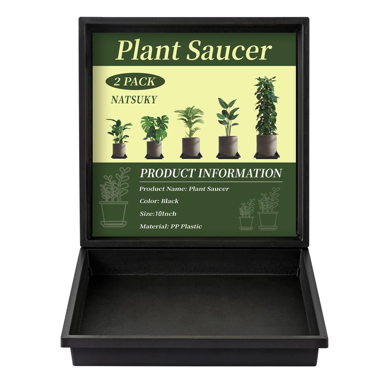 NATSUKY 10 Inch Square Plant Saucer black front view