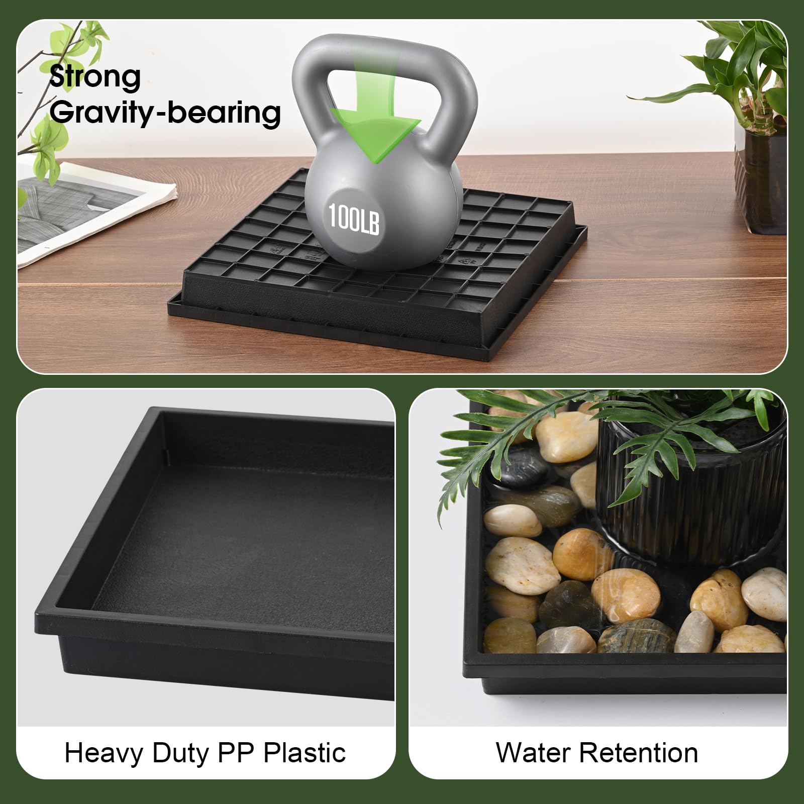 NATSUKY Square Plant Saucer next to various plant pots