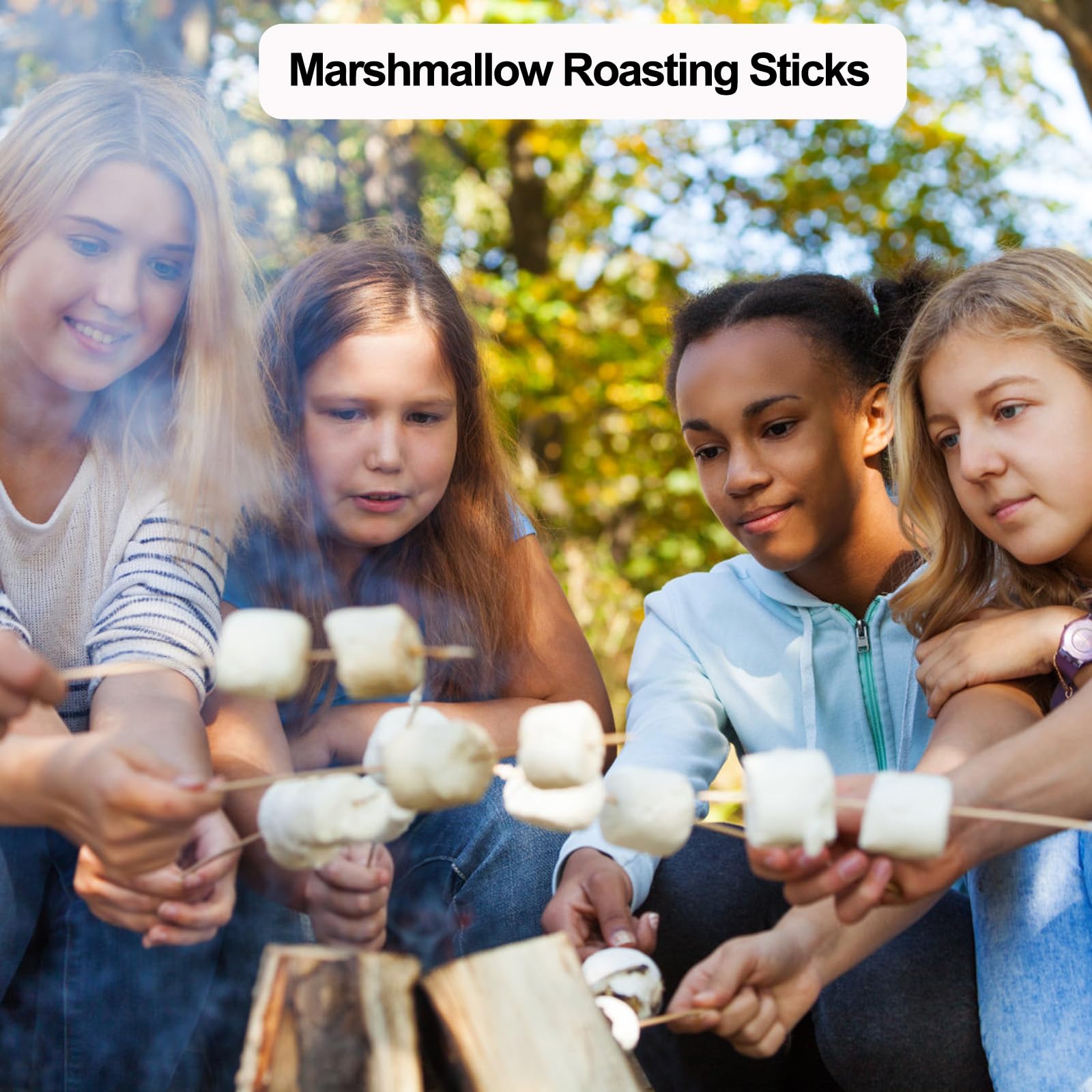 Natural bamboo roasting sticks displayed on a picnic table
