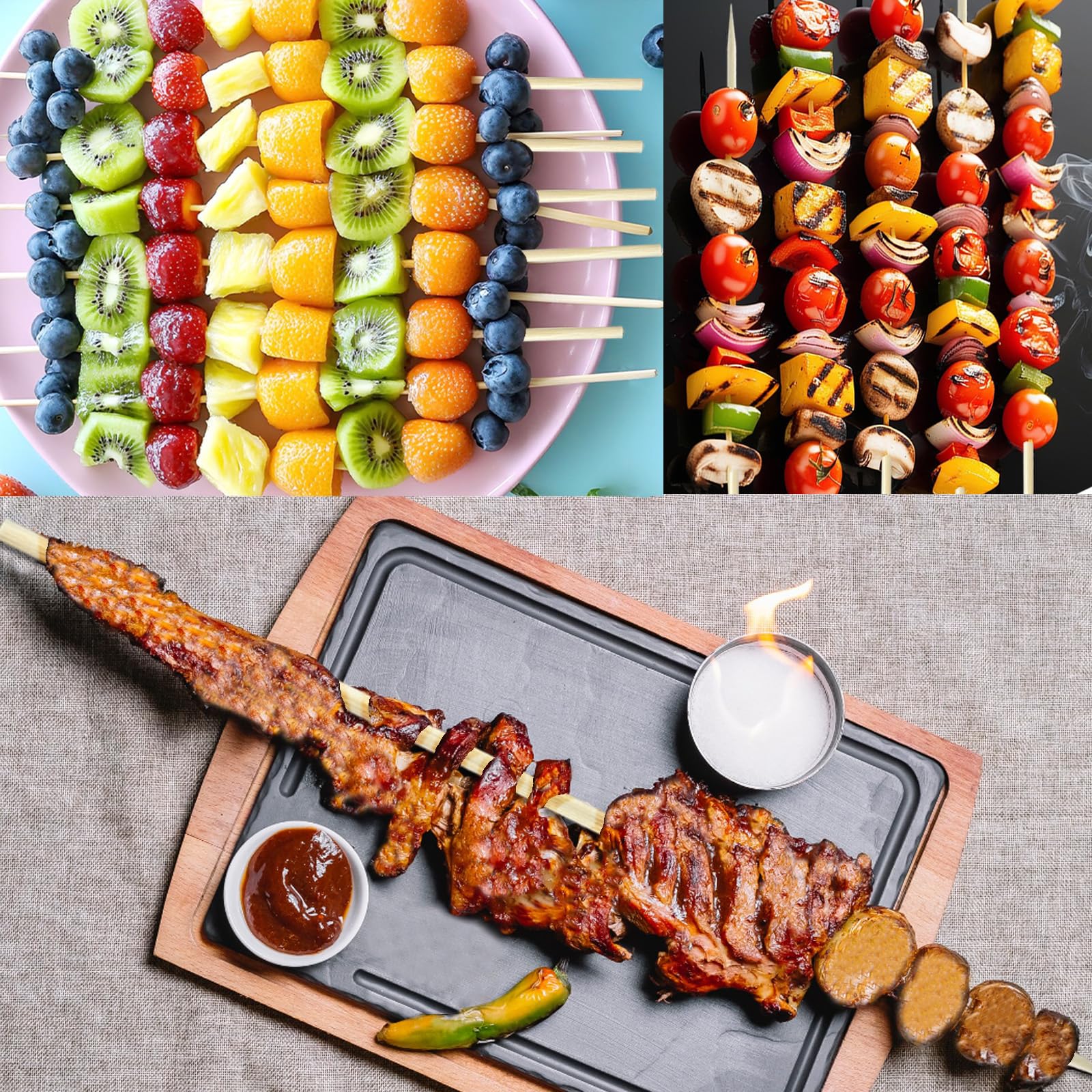 Natural bamboo skewers on a grill