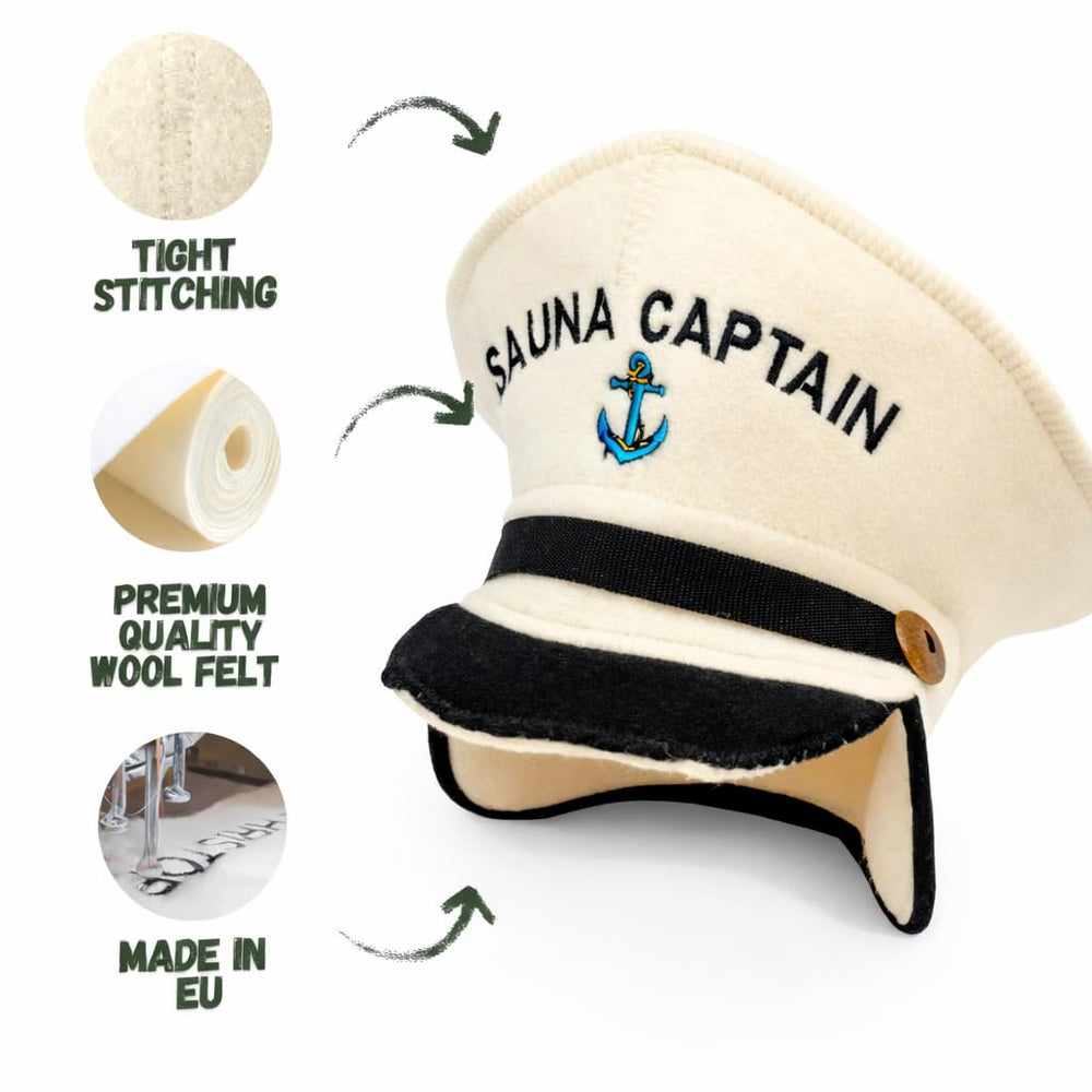 Natural Textile Sauna Captain Trapper Hat displayed with maintenance flyer