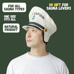 Natural Textile Sauna Captain Trapper Hat on a sauna bench