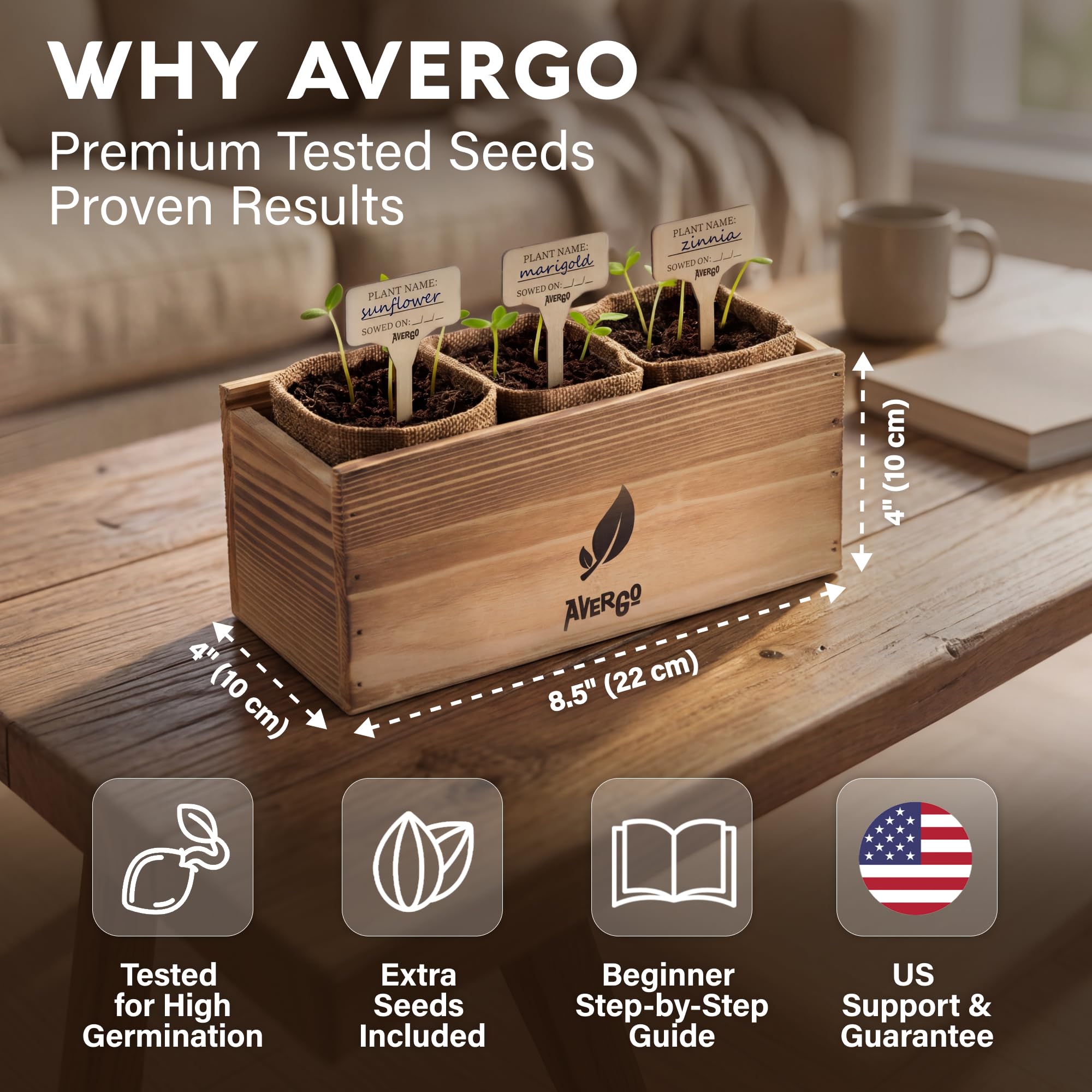 Natural wood box containing AVERGO flower seeds kit