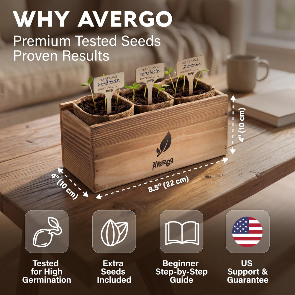 Natural wood box containing AVERGO flower seeds kit