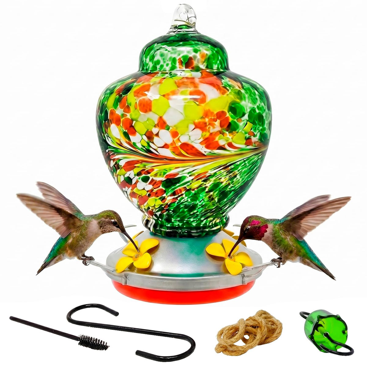 Nature Gear Hummingbird Feeder front view with emerald green glass