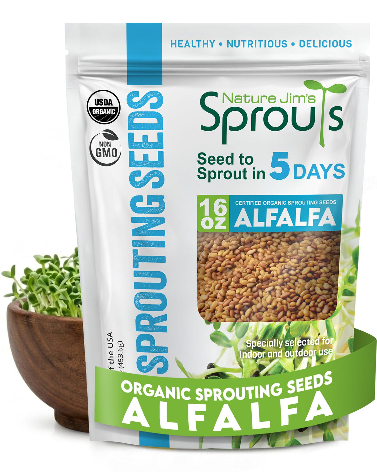 Nature Jims Organic Alfalfa Sprouting Seeds front view in resealable pouch