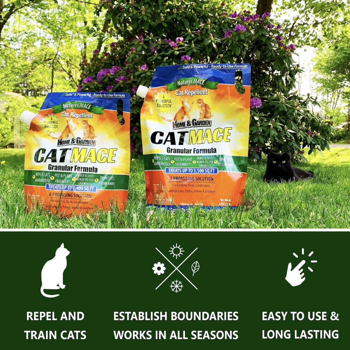 Nature's MACE Cat Mace Granules being applied to garden