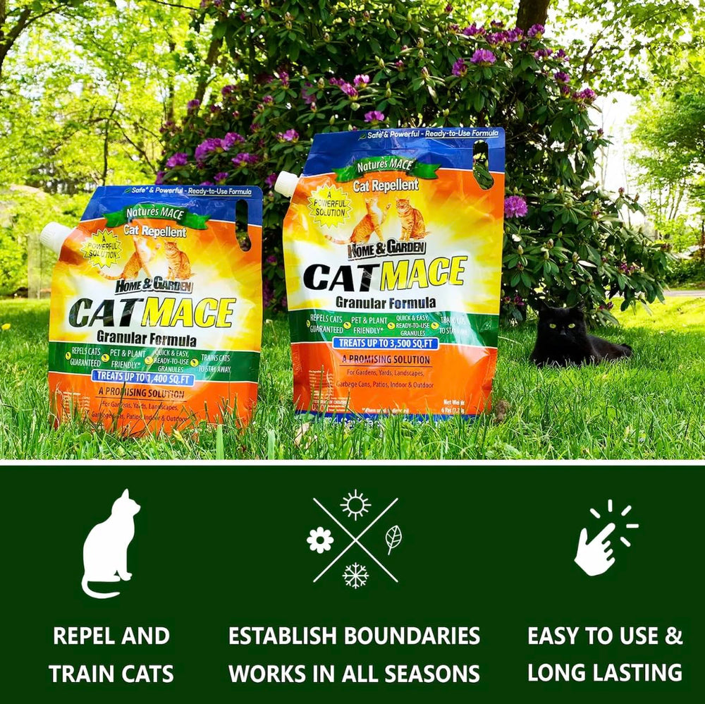Nature's MACE Cat Mace Granules being applied to garden