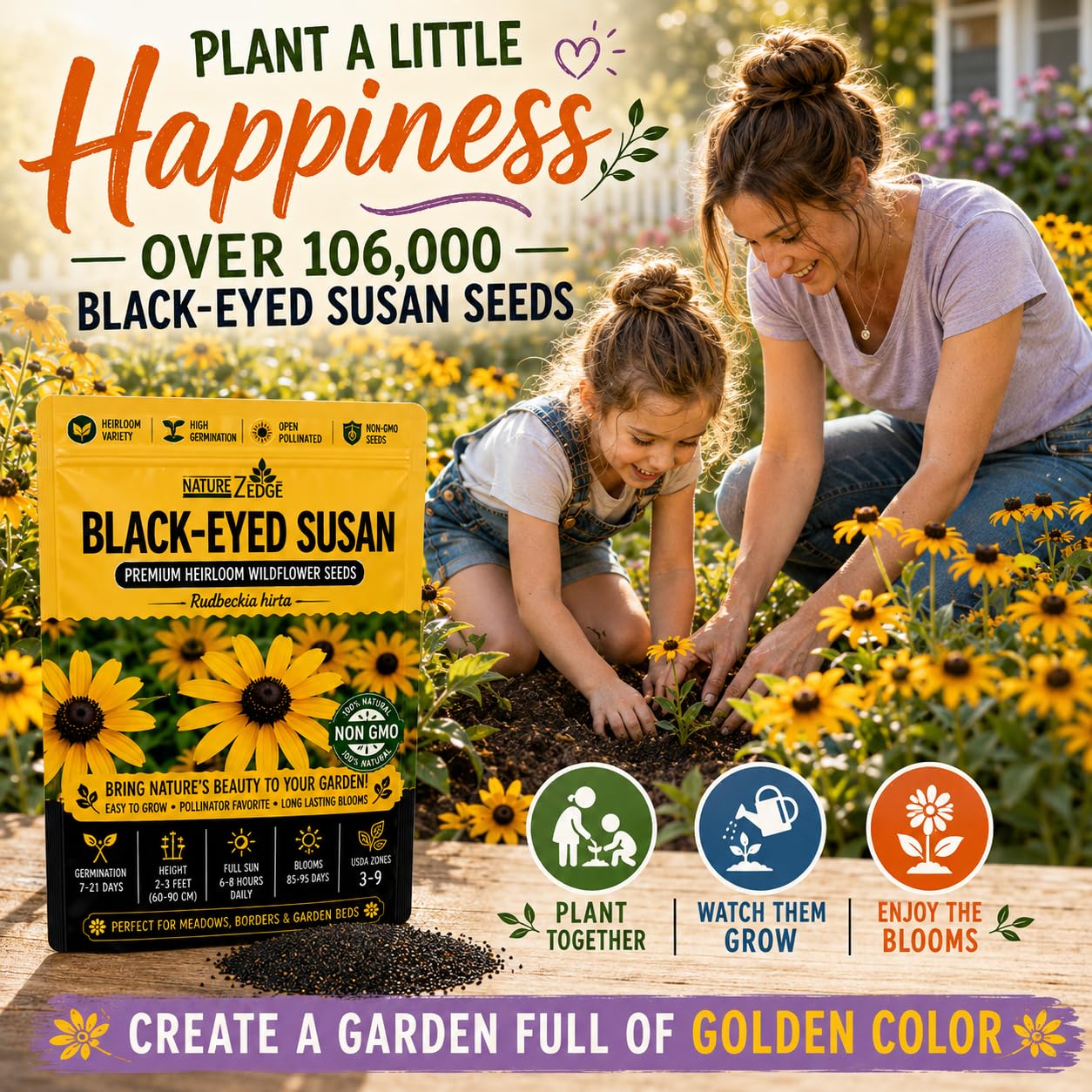 NatureZ Edge Black Eyed Susan Seeds packet with a sunny garden background