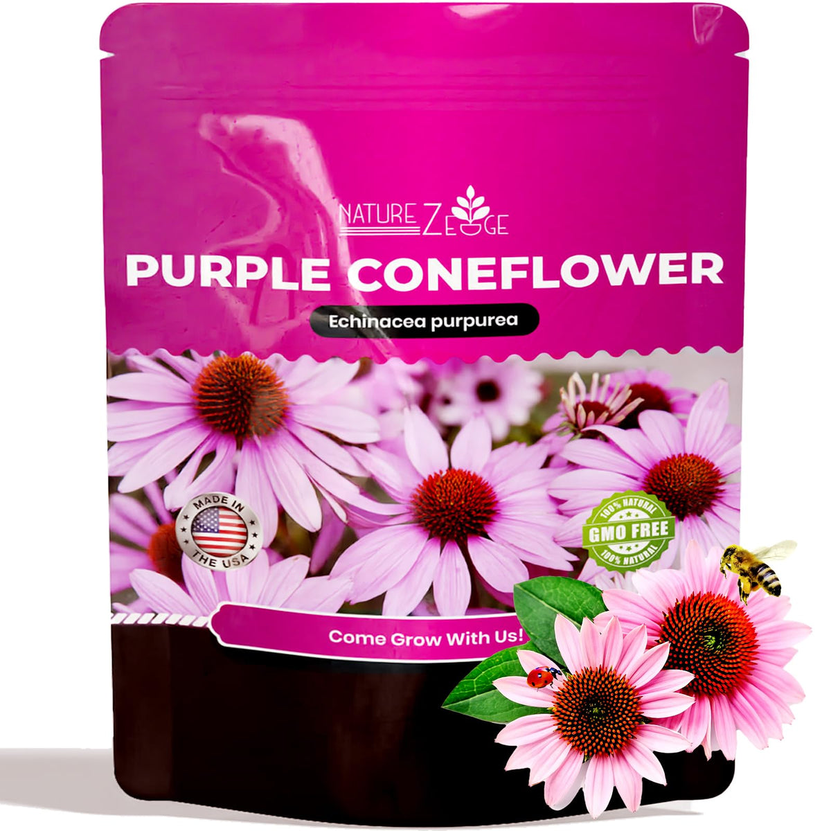 NatureZ Edge Echinacea Seeds package front view with purple coneflower seeds