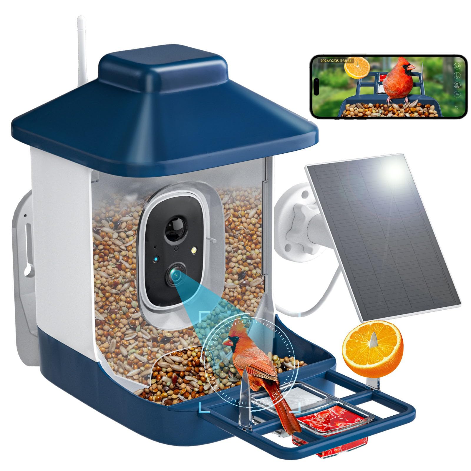 NAVFS Bird Feeder with Camera, dark blue model front view