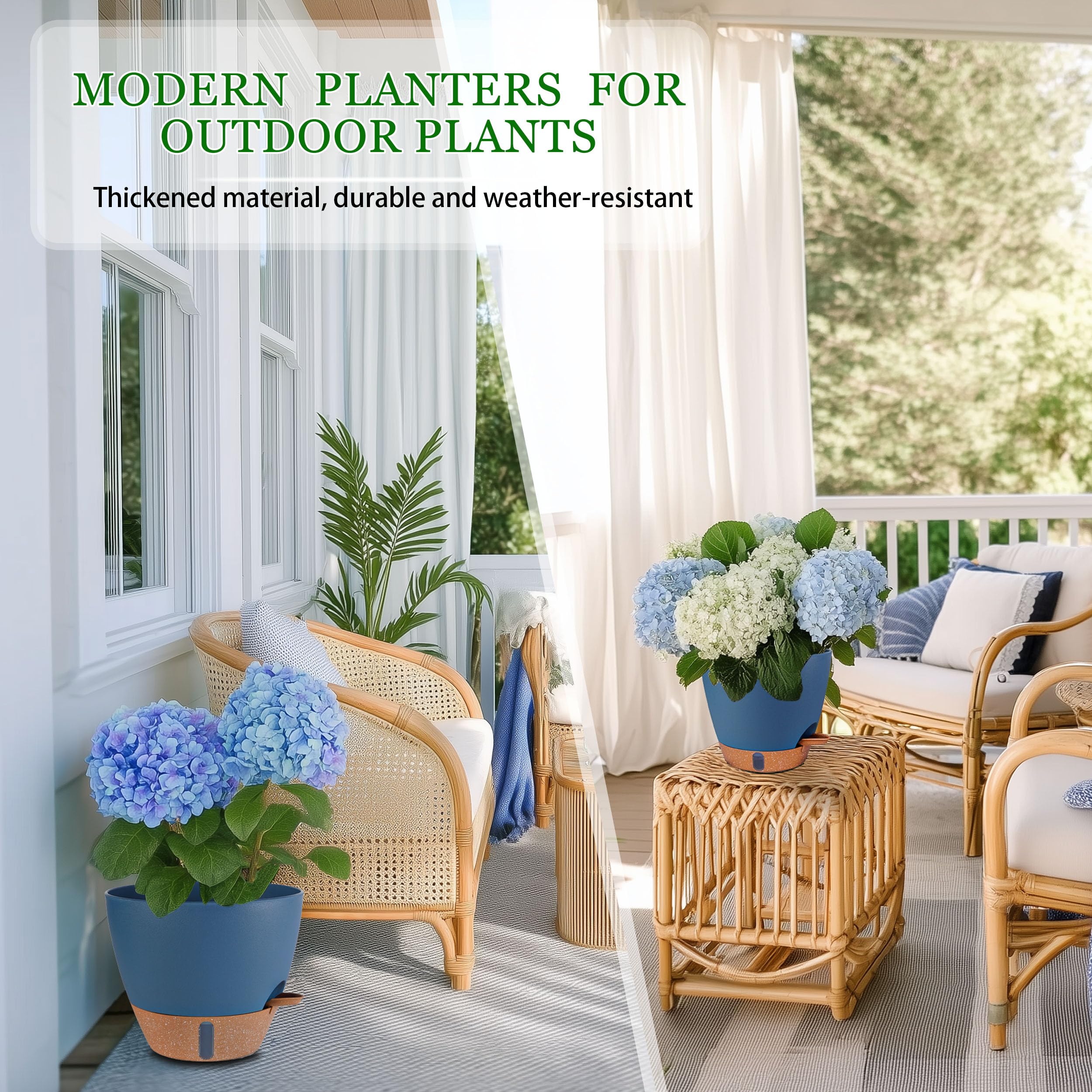 Navy blue Fielda self-watering pot with plant inside