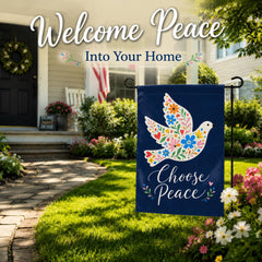 Navy blue garden flag featuring colorful flowers and the phrase 'Choose Peace'
