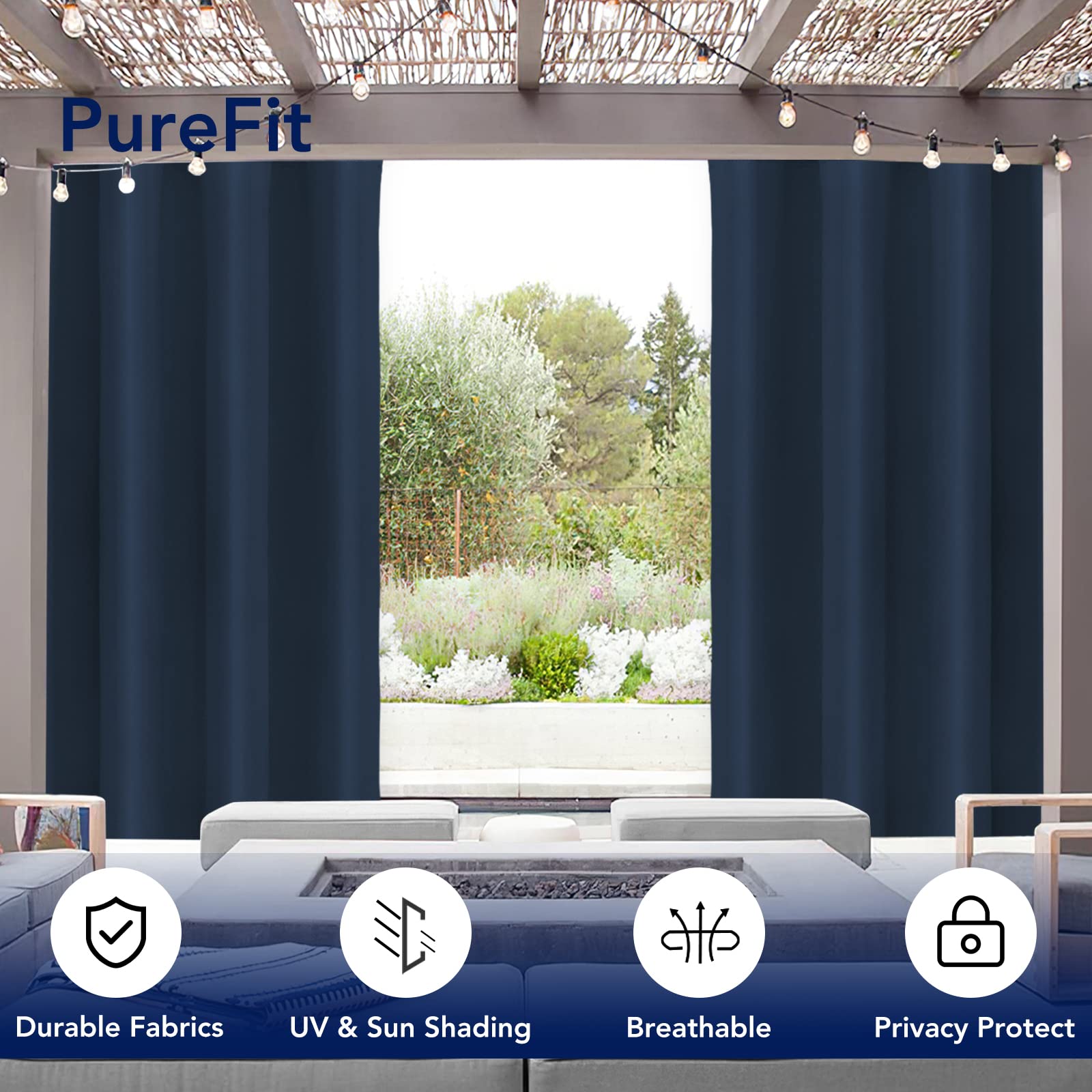 Navy blue outdoor curtains hanging on a patio
