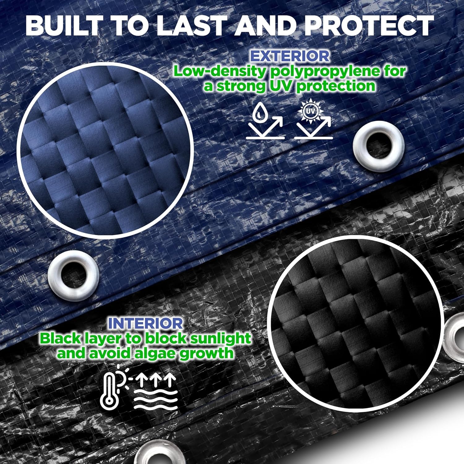 Navy Blue oval pool cover with grommets for secure fitting