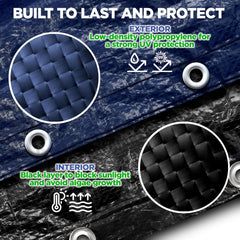 Navy Blue oval pool cover with grommets for secure fitting