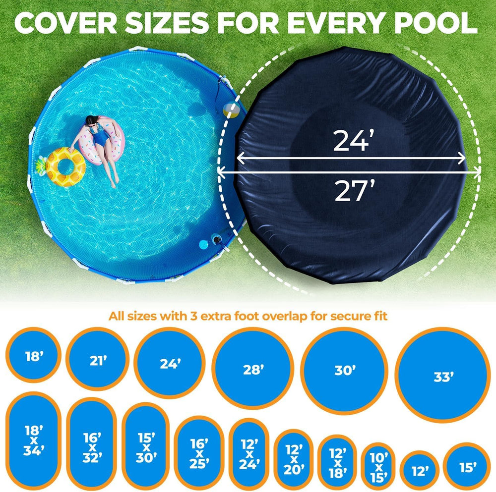Navy blue pool cover fitted on a round above ground pool
