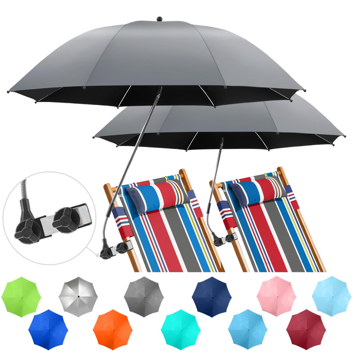 NBtoUS 2 Pack Chair Umbrella grey model front view with clamp