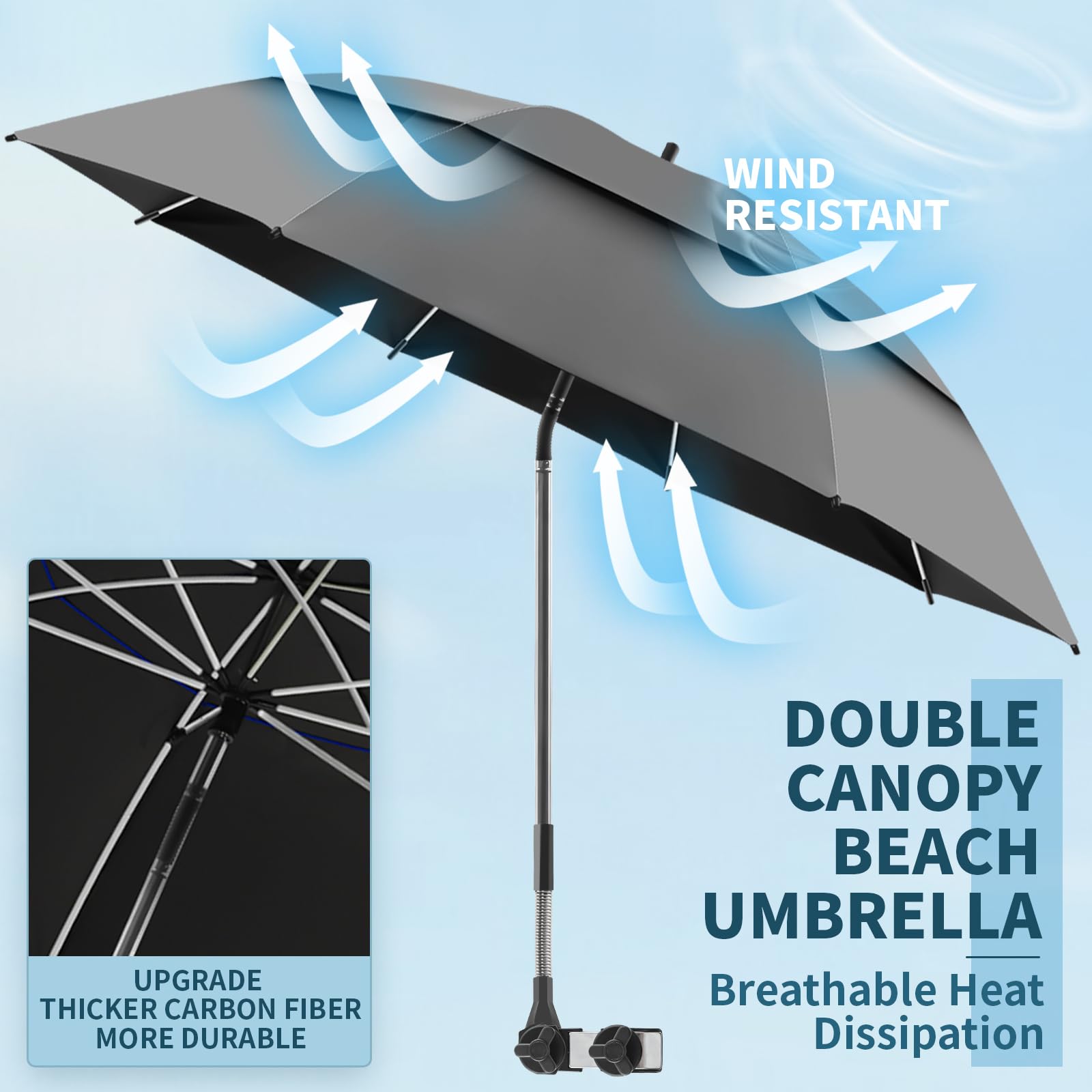 NBtoUS Double Canopy Umbrella with clamp setup on a beach chair